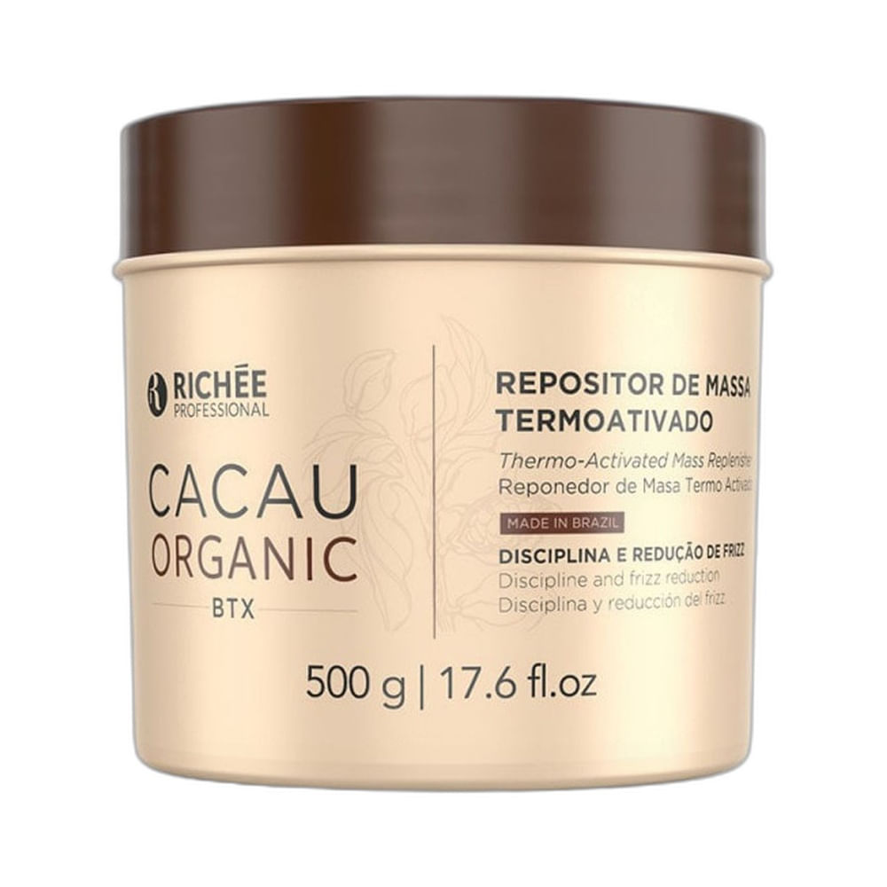 Imagem frontal do Repositor de Massa Richée Cacau Organic BTX 500g em embalagem bege com tampa marrom